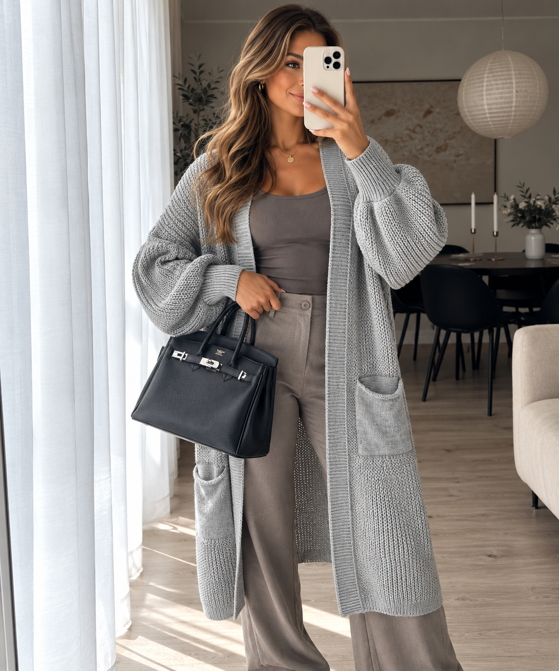 Long Strick-Cardigan mit Ballonärmeln – Made in Italy