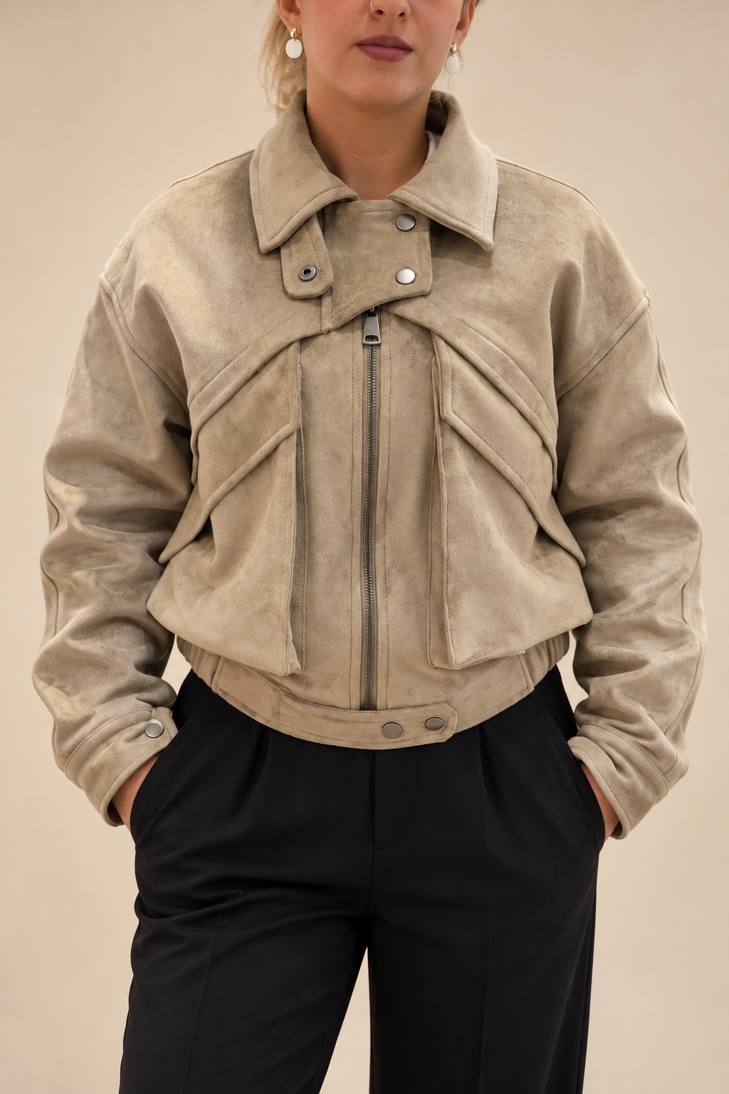 Velours-Optik Bomberjacke mit Zipper – Olive