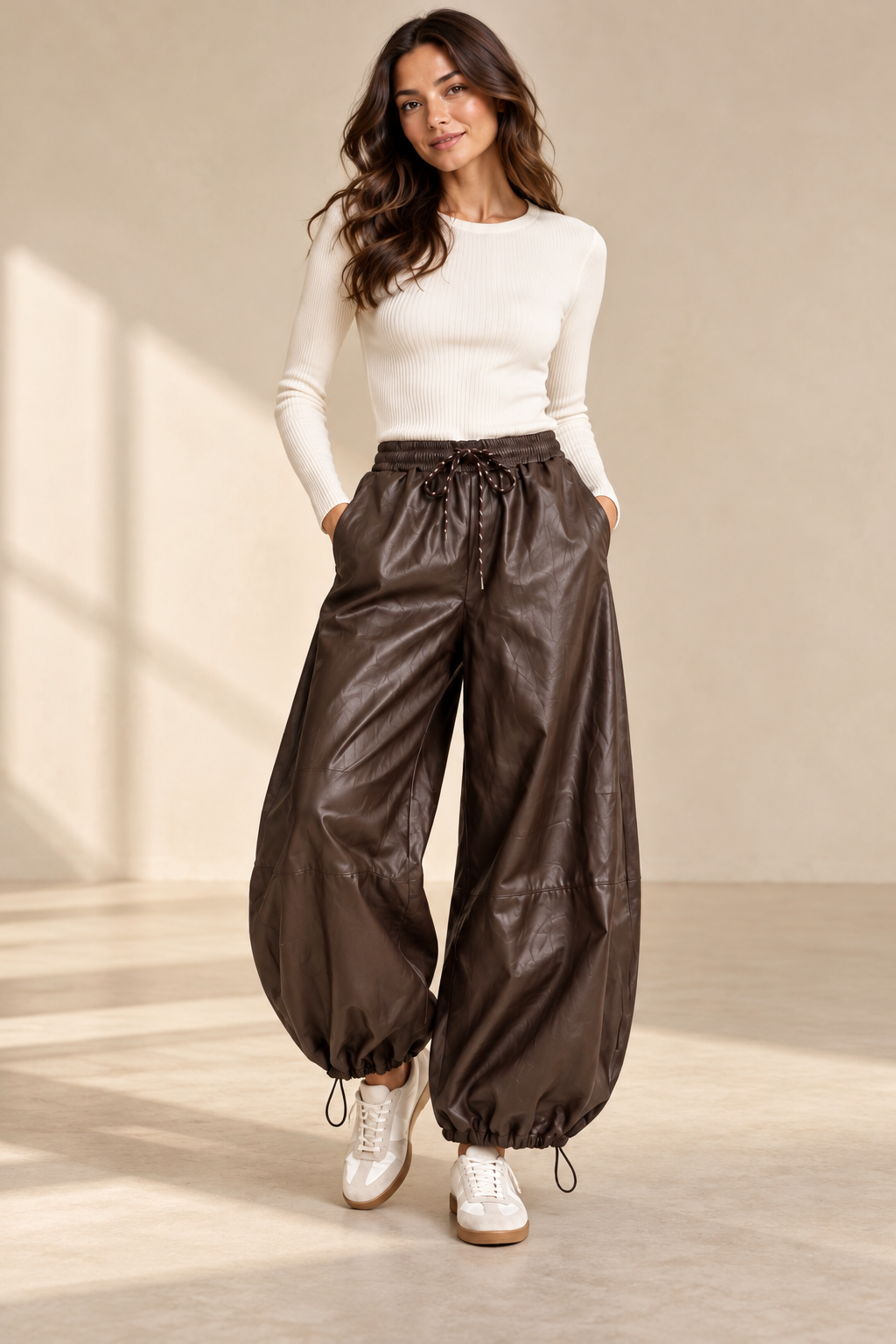Damen Kunstleder-Ballonhose mit Kordelzug – Einheitsgröße