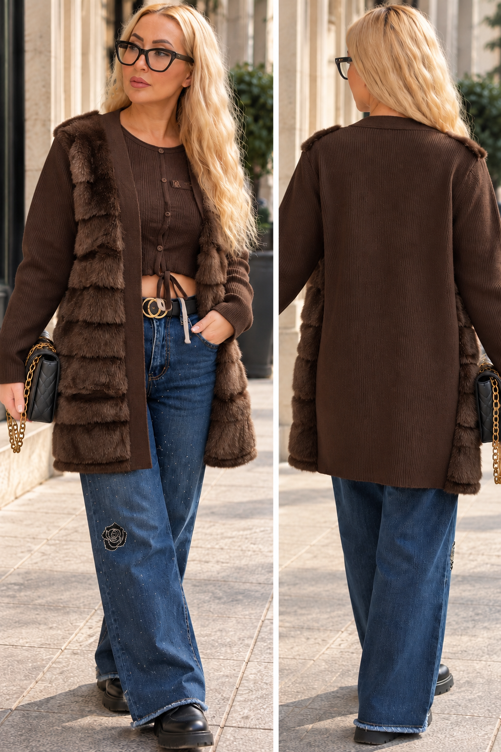 Langer Strickmantel mit Fellimitat in Beige, Braun & Schwarz