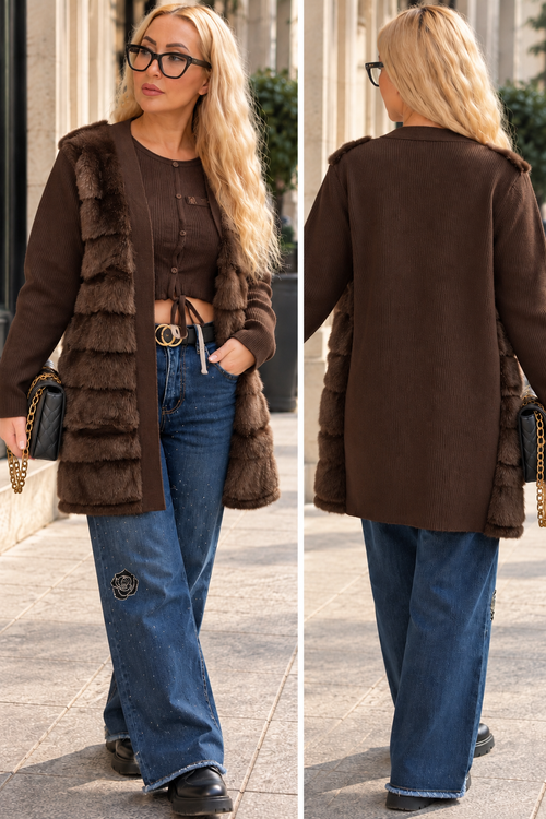 Langer Strickmantel mit Fellimitat in Beige, Braun & Schwarz