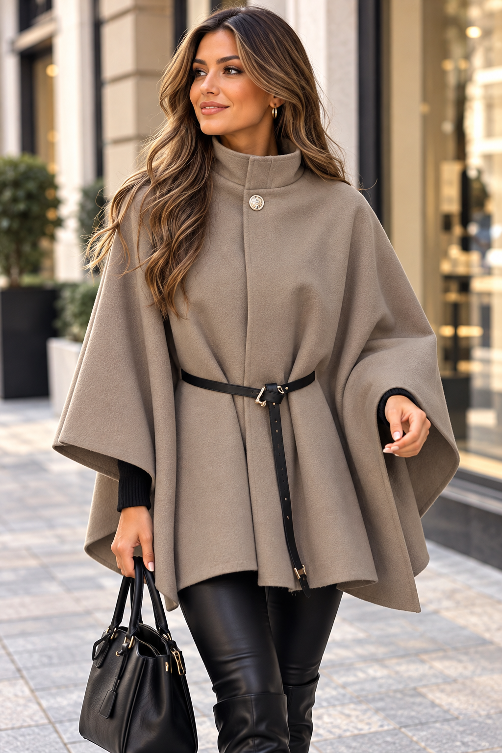 Eleganter Poncho-Mantel mit Stehkragen & Gürtel