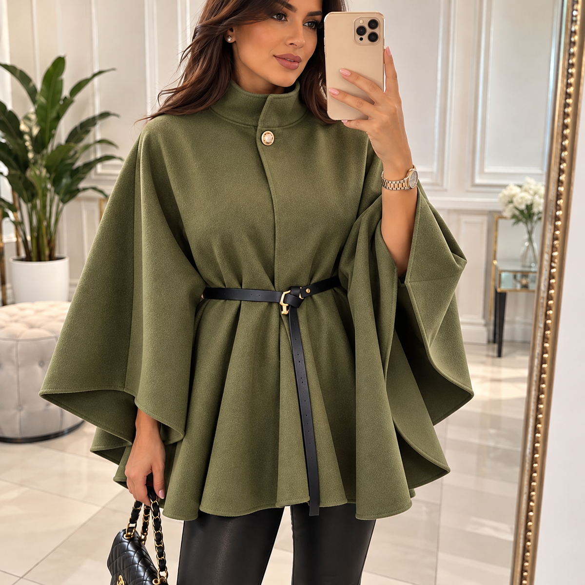 Eleganter Poncho-Mantel mit Stehkragen & Gürtel