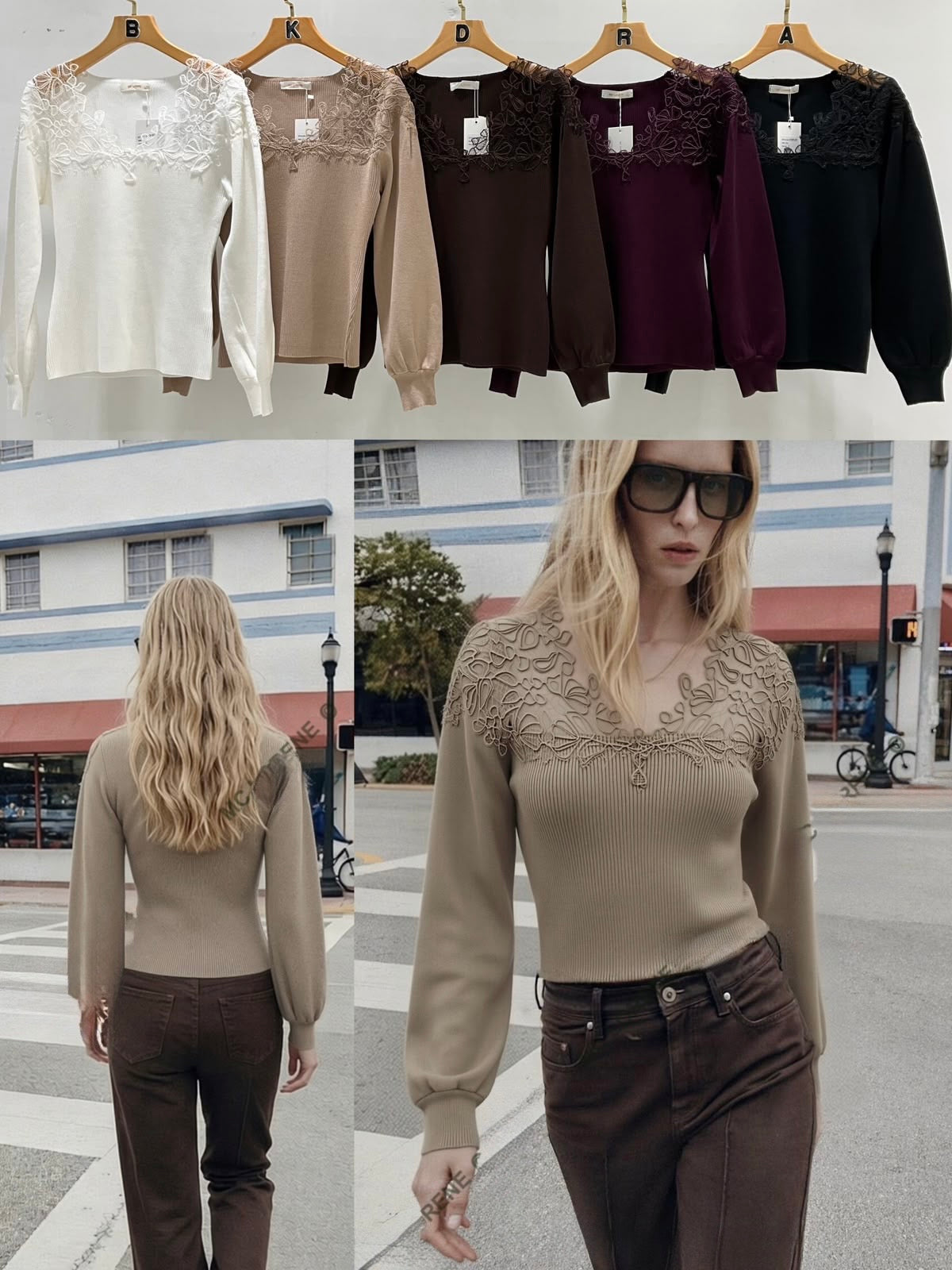 Damen-Feinstrickpullover mit Spitzen-Ausschnitt & Keulenärmeln