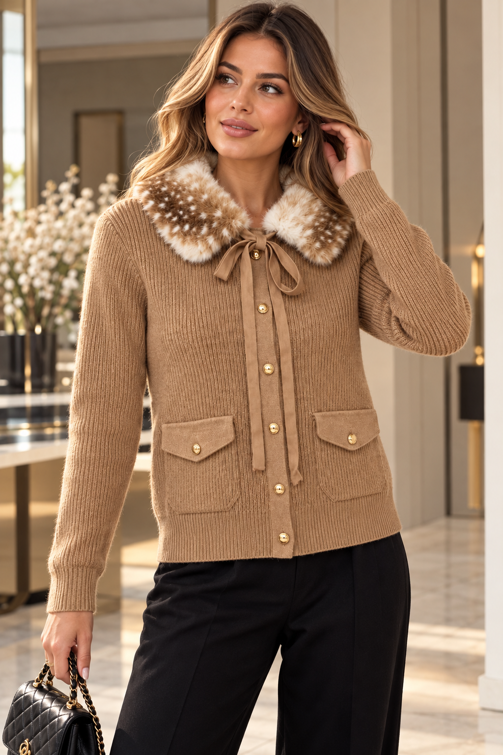 Elegante Strickjacke mit kuscheligem Fellkragen