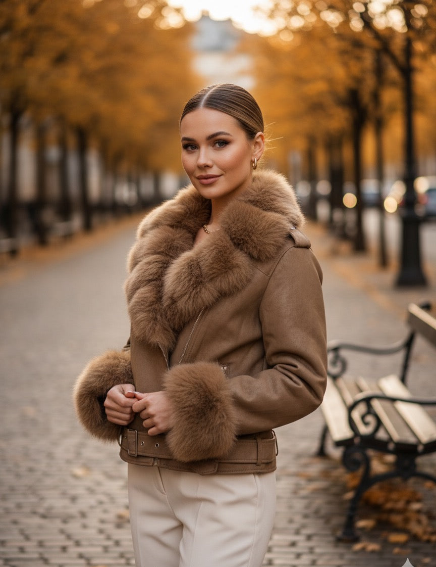 VELOURS OPTIK JACKE MIT FELLKRAGEN – SPORTLICH ELEGANT