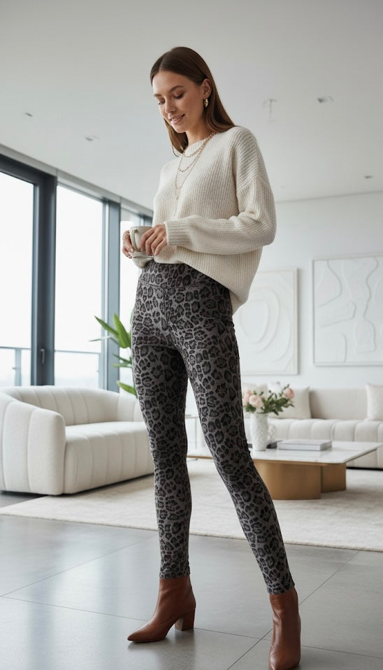 VELOURS LEGGINGS IM LEO-MUSTER – GRAU