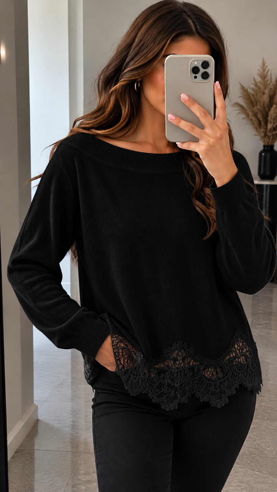 Damen Strickpullover mit Spitzensaum – Eleganter Pullover