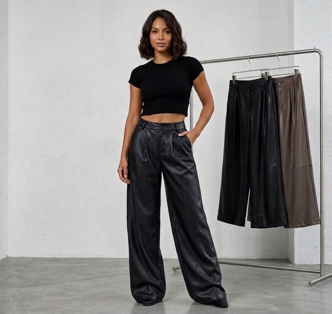 High-Waist Kunstlederhose Elegance Wide Leg