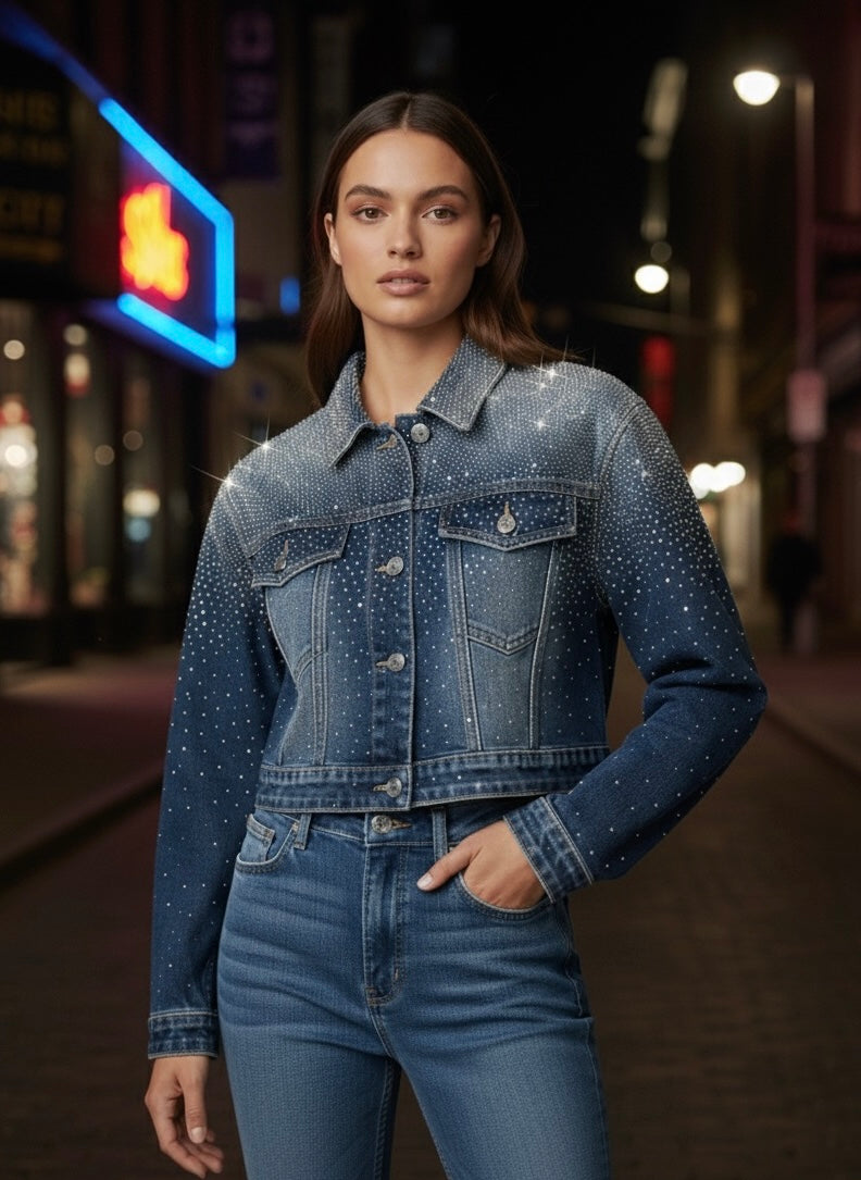 GLAMOURÖSE DENIM-JACKE MIT FUNKELNDEN STRASS