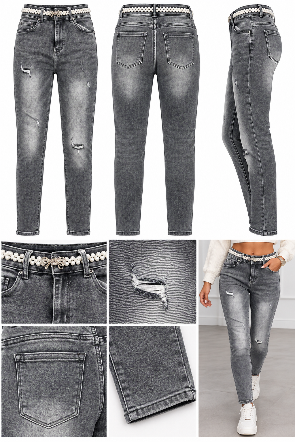 Graue Skinny Jeans mit Perlen-Gürtel und Destroyed-Details