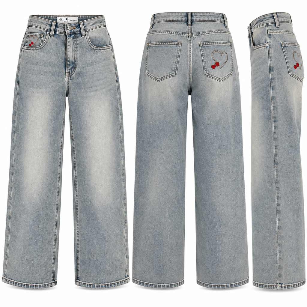 Wide-Leg Jeans mit Herz-Stickerei – Hellblau