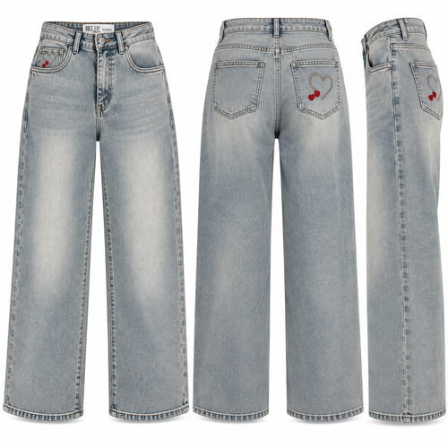 Wide-Leg Jeans mit Herz-Stickerei – Hellblau