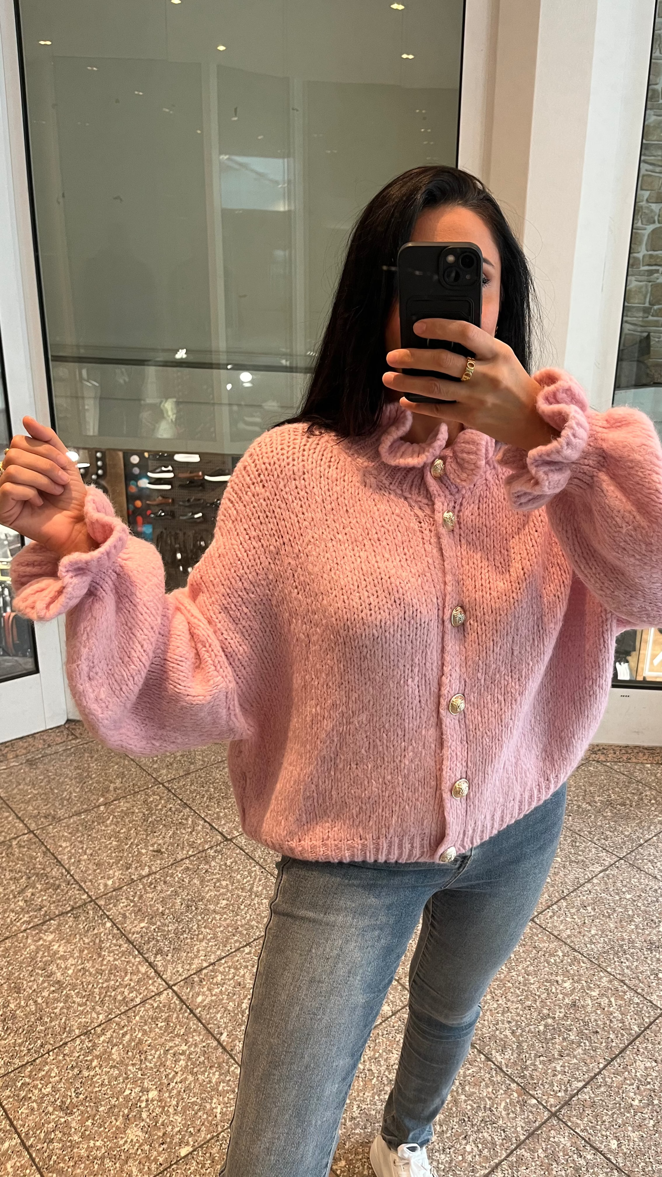 OVERSIZE-CARDIGAN MIT RÜSCHEN & DESIGN-KNÖPFEN BABYROSA