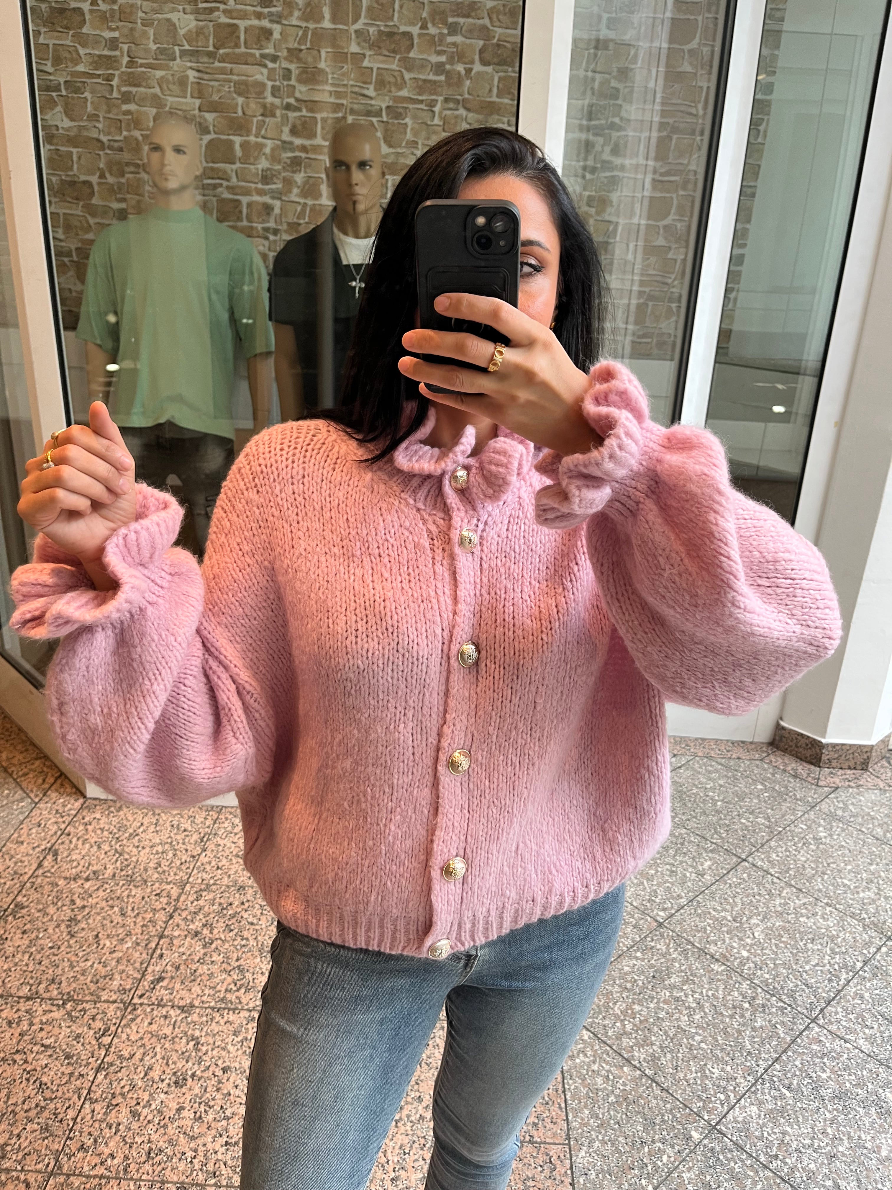 OVERSIZE-CARDIGAN MIT RÜSCHEN & DESIGN-KNÖPFEN BABYROSA