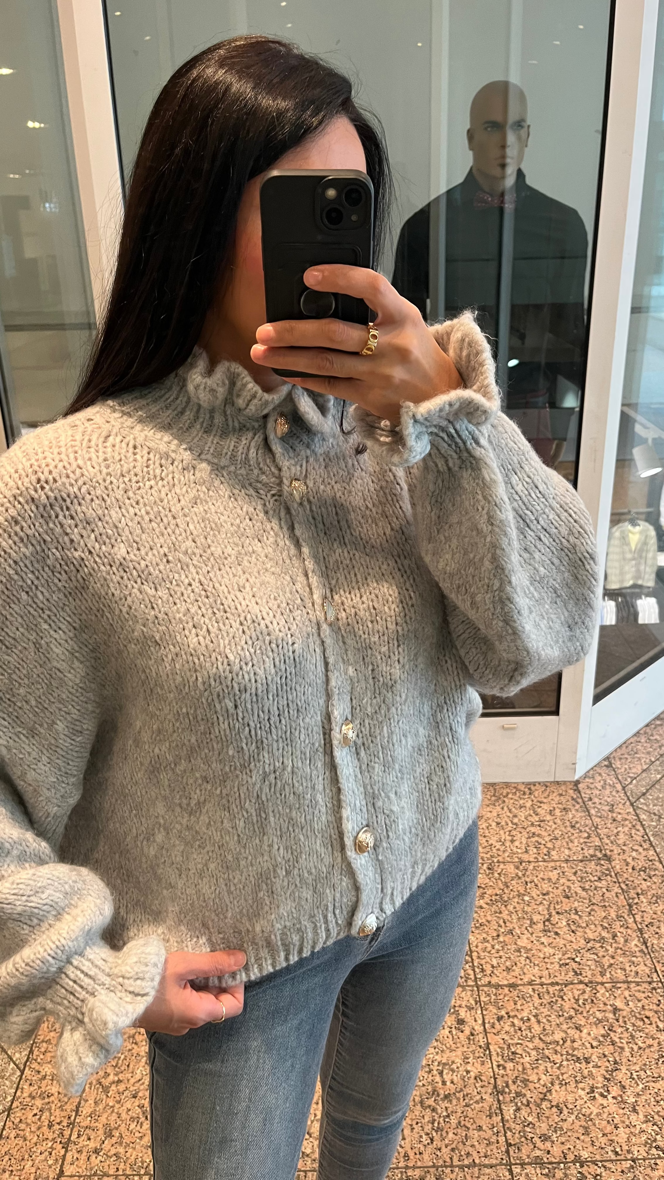OVERSIZE-CARDIGAN MIT RÜSCHEN & DESIGN-KNÖPFEN GRAU
