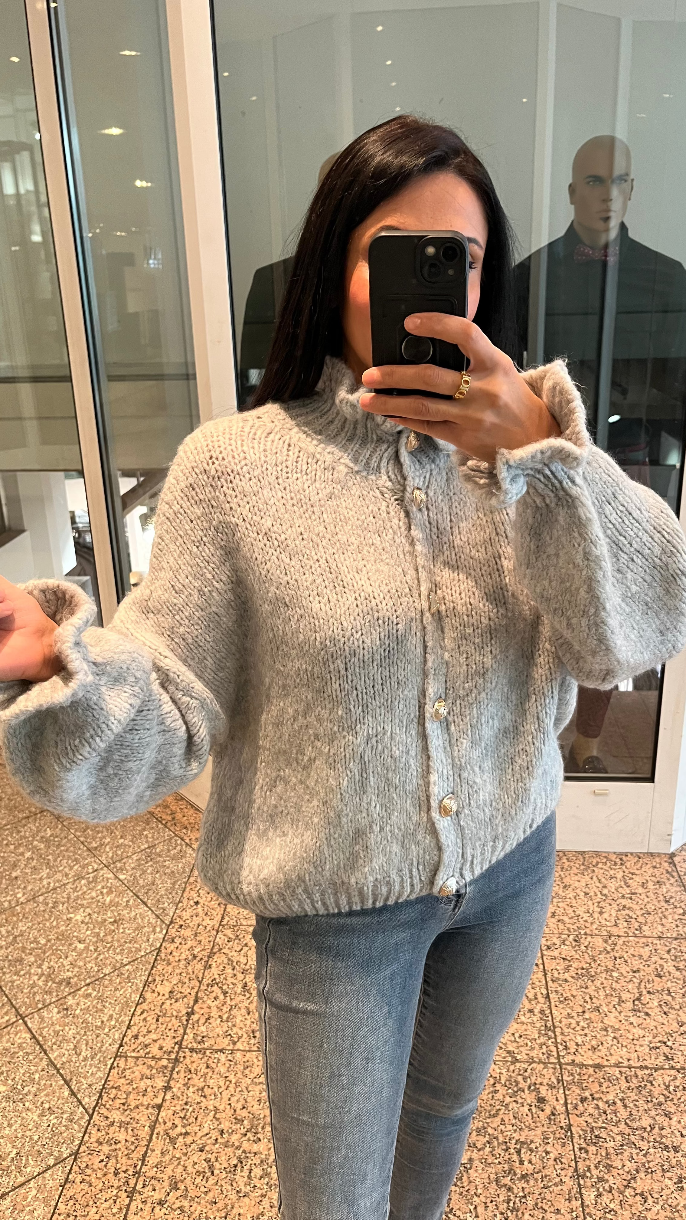 OVERSIZE-CARDIGAN MIT RÜSCHEN & DESIGN-KNÖPFEN GRAU