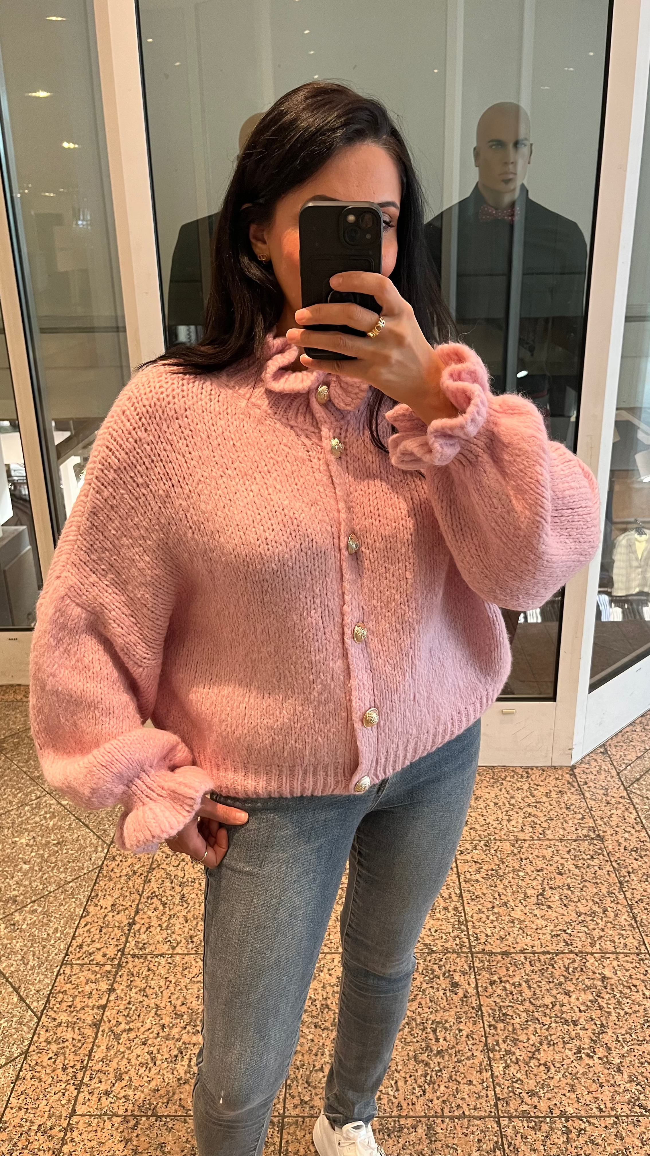 OVERSIZE-CARDIGAN MIT RÜSCHEN & DESIGN-KNÖPFEN BABYROSA