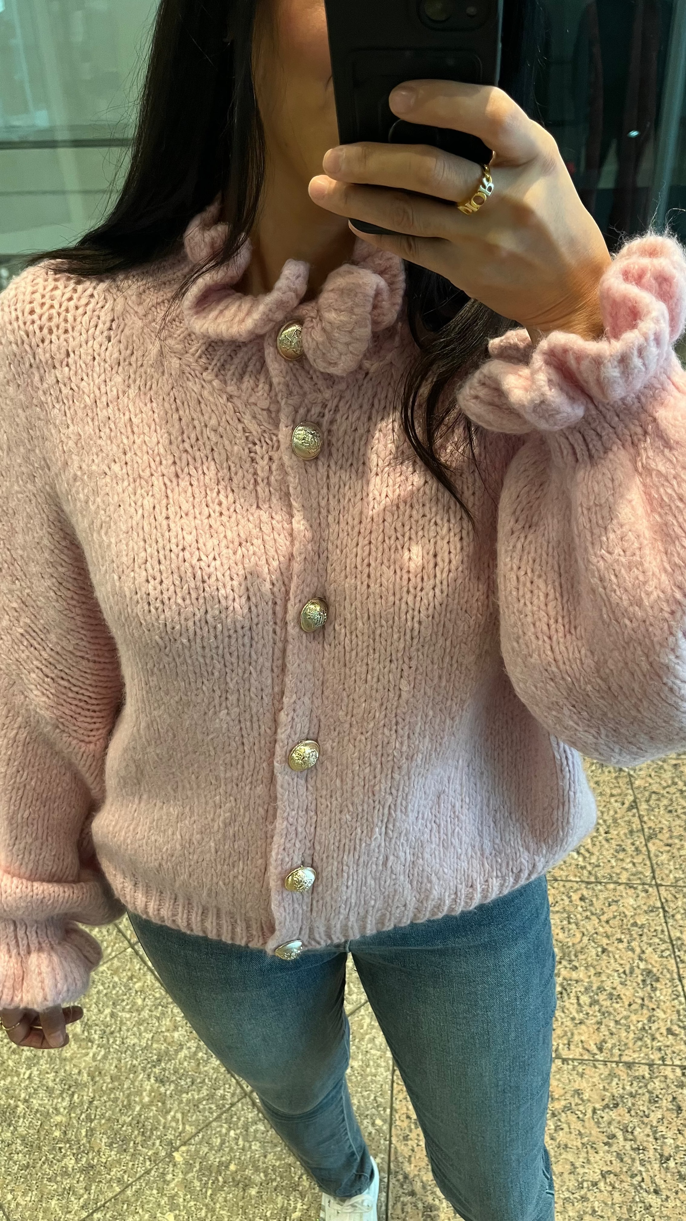 OVERSIZE-CARDIGAN MIT RÜSCHEN & DESIGN-KNÖPFEN BABYROSA