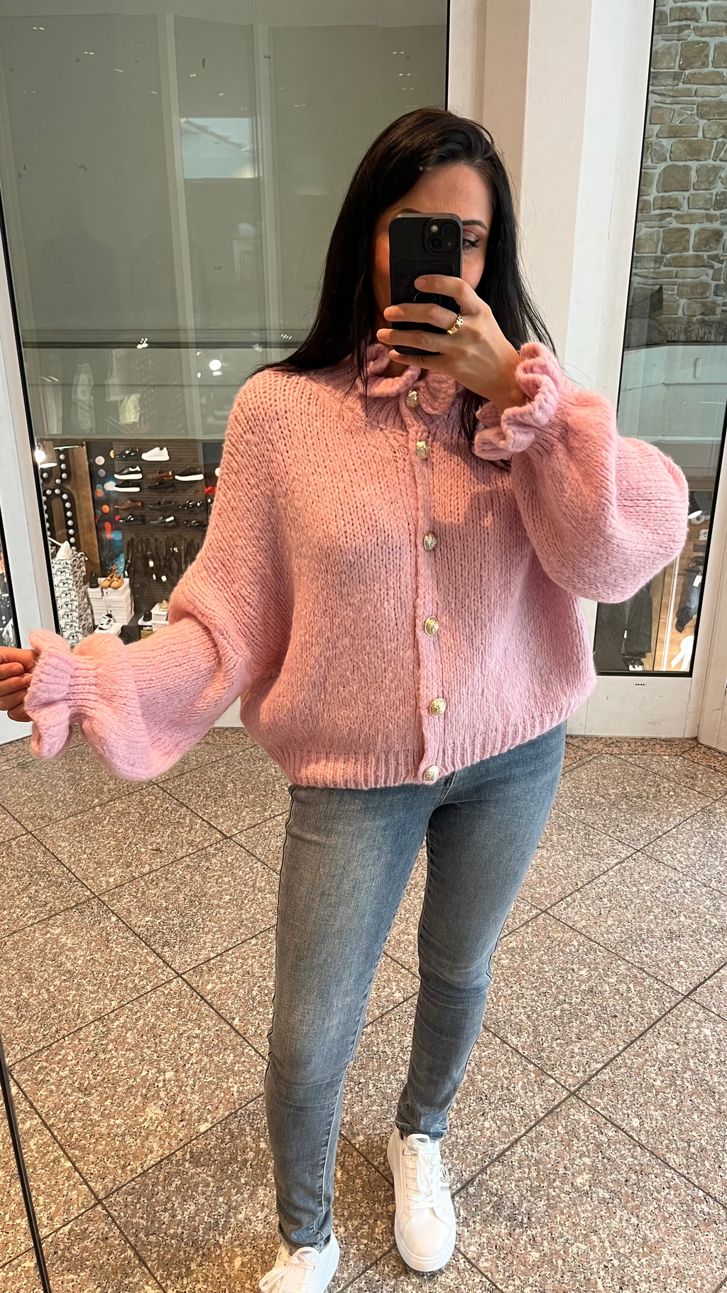 OVERSIZE-CARDIGAN MIT RÜSCHEN & DESIGN-KNÖPFEN BABYROSA