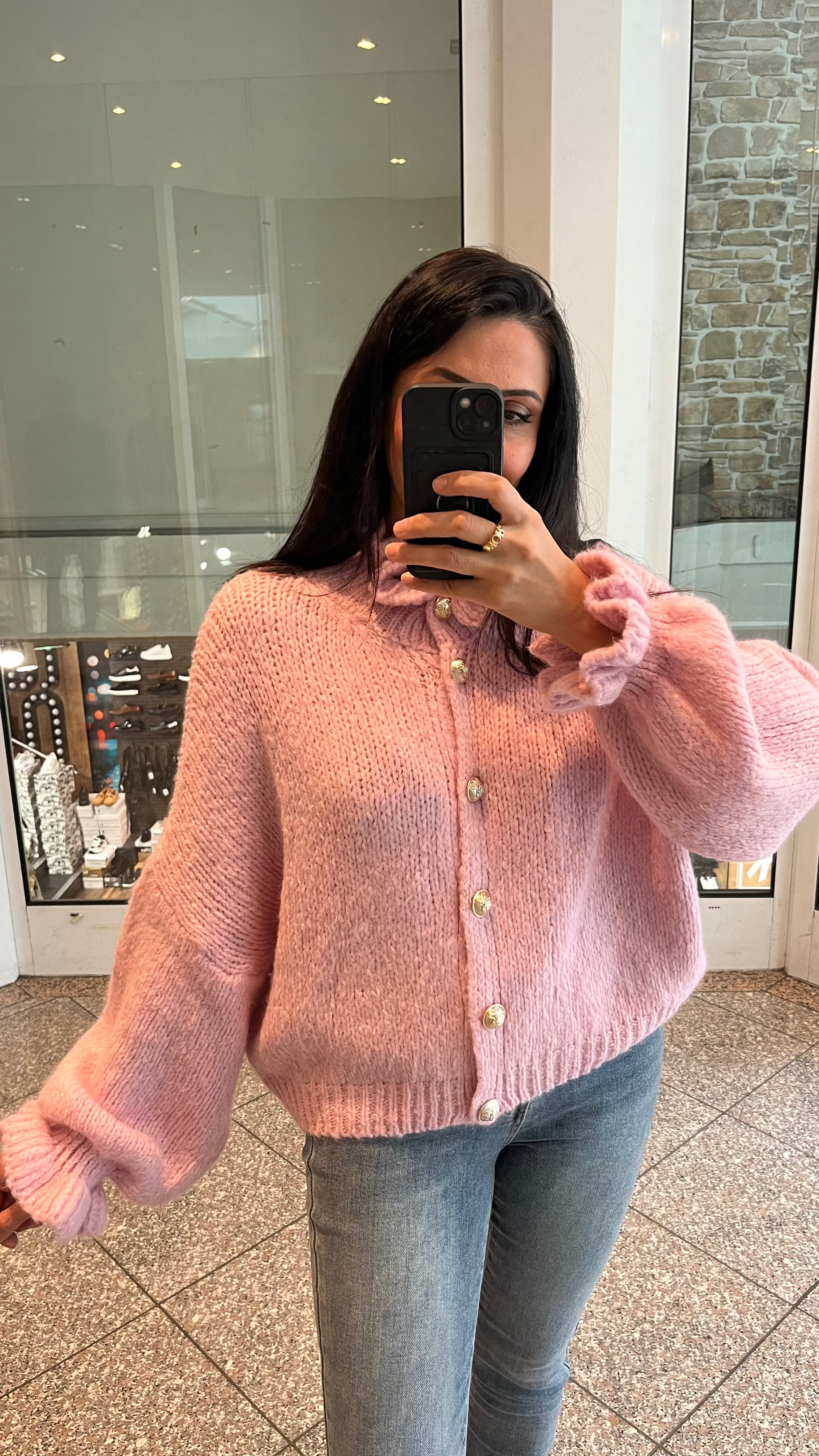 OVERSIZE-CARDIGAN MIT RÜSCHEN & DESIGN-KNÖPFEN BABYROSA