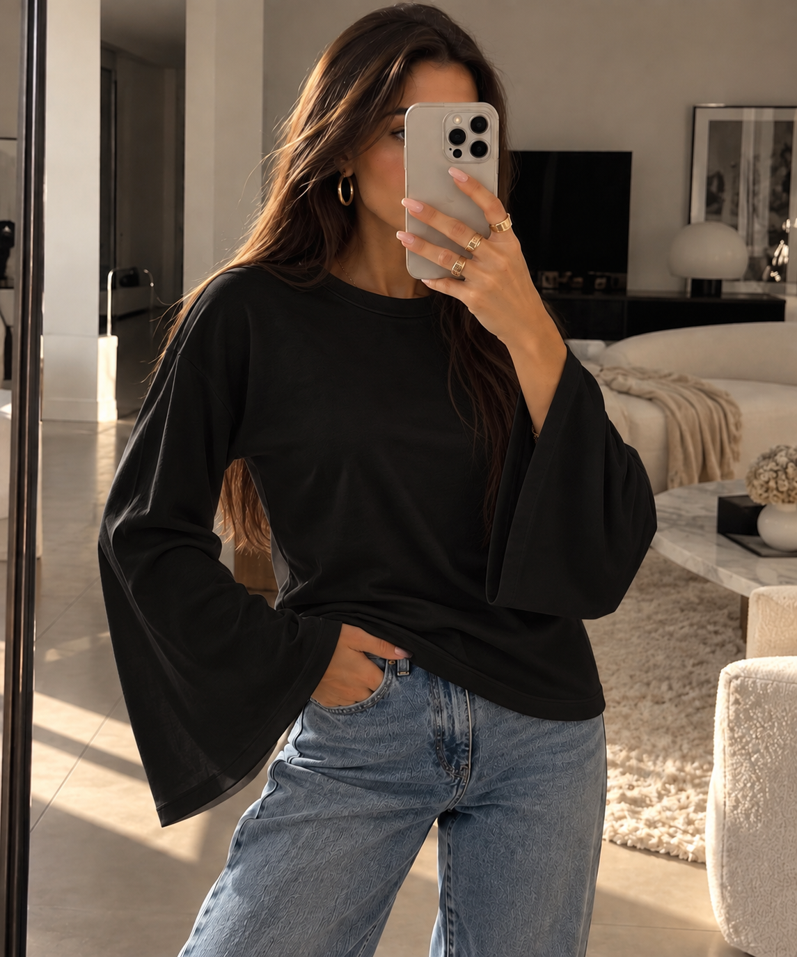 Basic Longsleeve mit ausgestellten Ärmeln