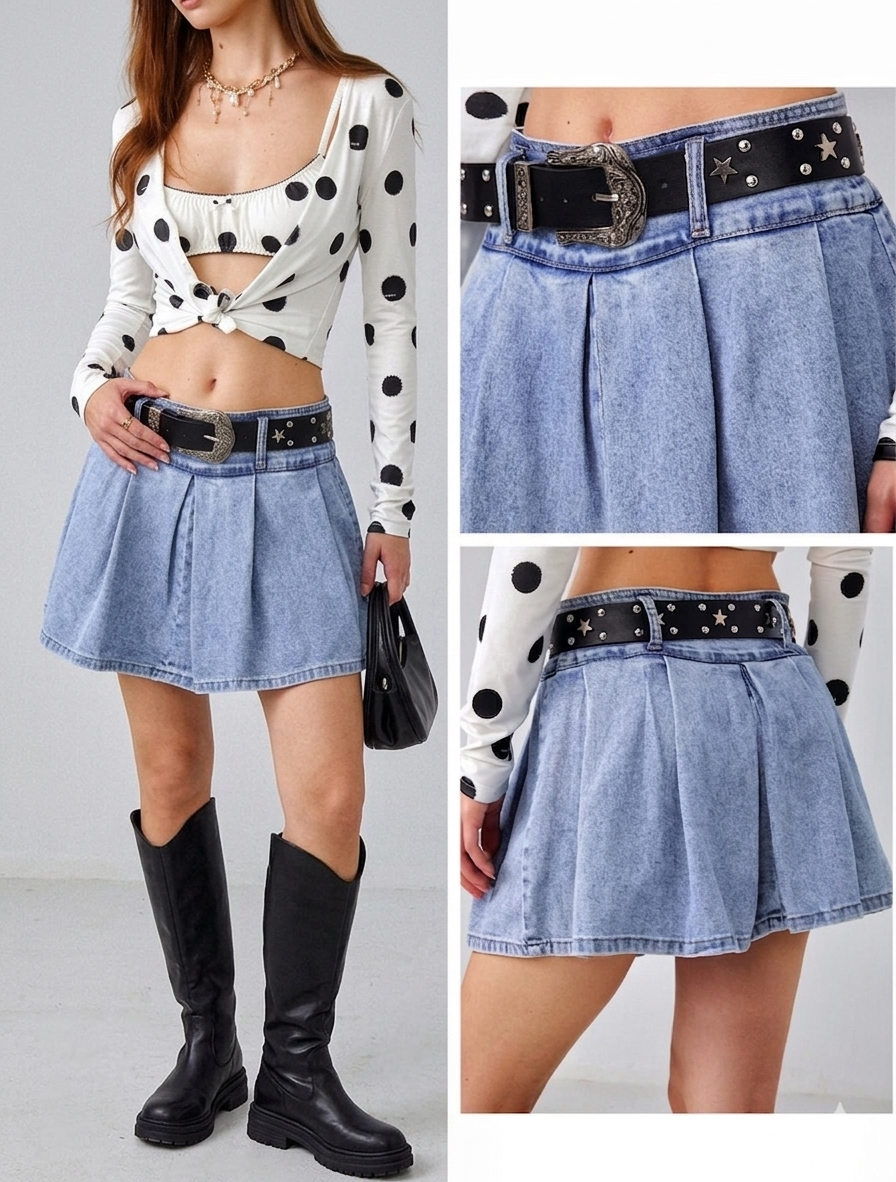 Jeans-Hosenrock mit plissiertem Design & Western-Gürtel