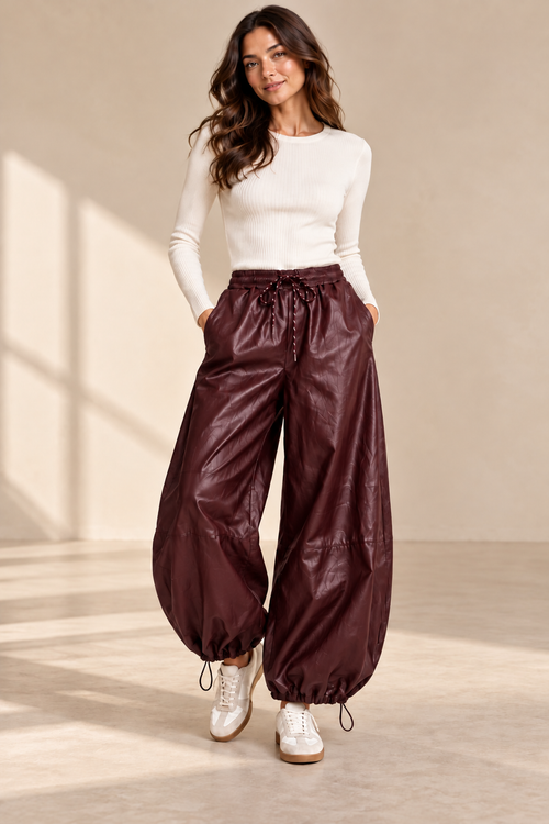 Damen Kunstleder-Ballonhose mit Kordelzug – Einheitsgröße