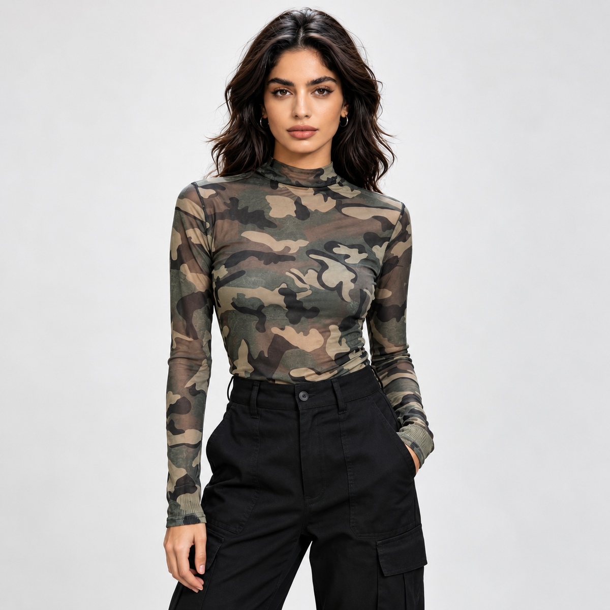 Mesh Longsleeve Camouflage mit Rollkragen