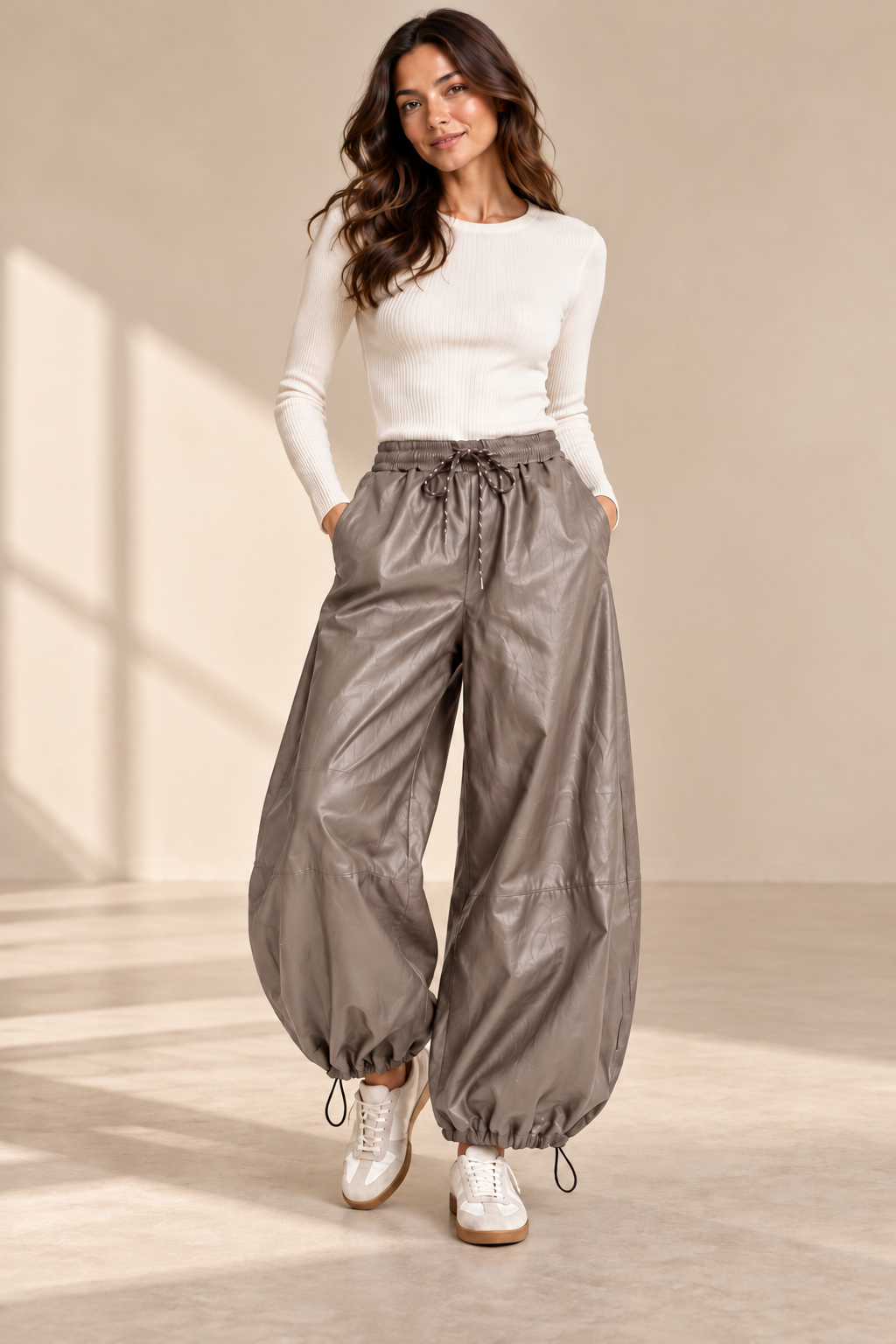 Damen Kunstleder-Ballonhose mit Kordelzug – Einheitsgröße