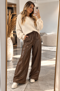 Damenhose Wide Leg aus Kunstleder mit Gummibund – Braun