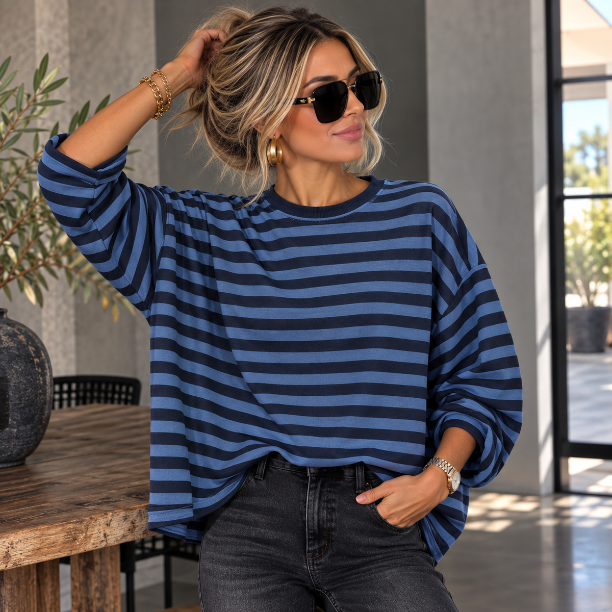 Gestreifter Feinstrickpullover – Oversize