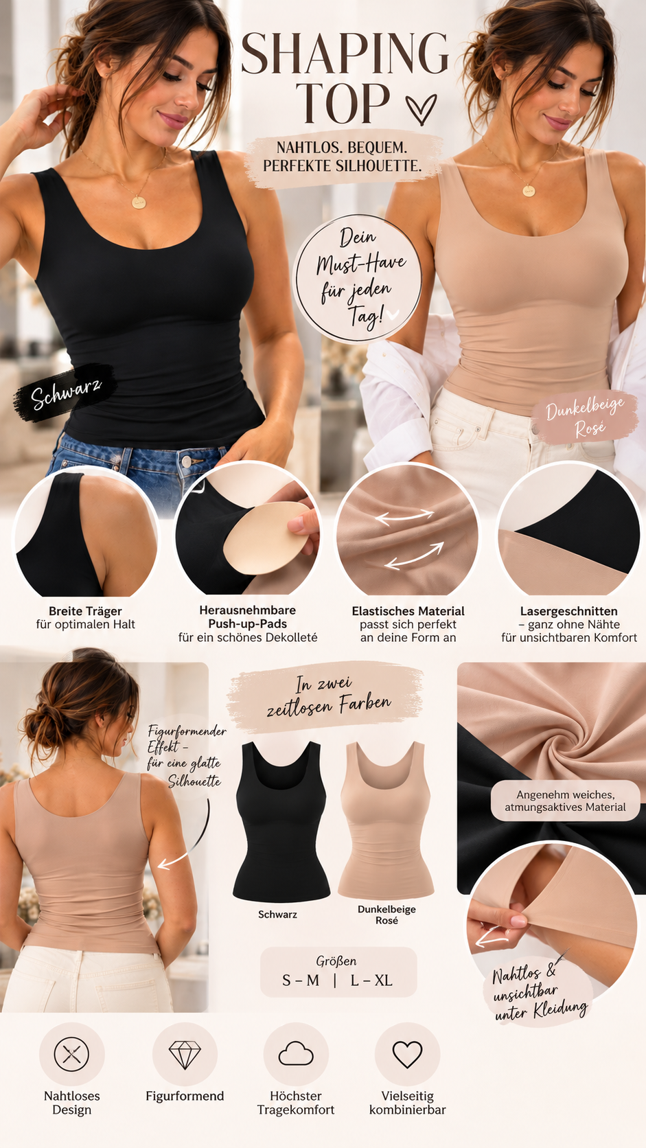 Nahtloses Shaping-Top mit herausnehmbaren Push-up-Pads