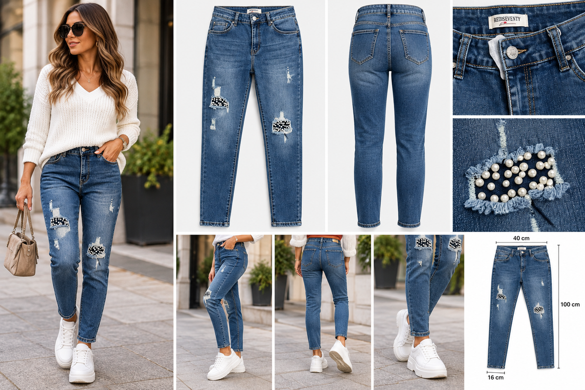 Perlen-Jeans mit Destroyed-Details – Blau