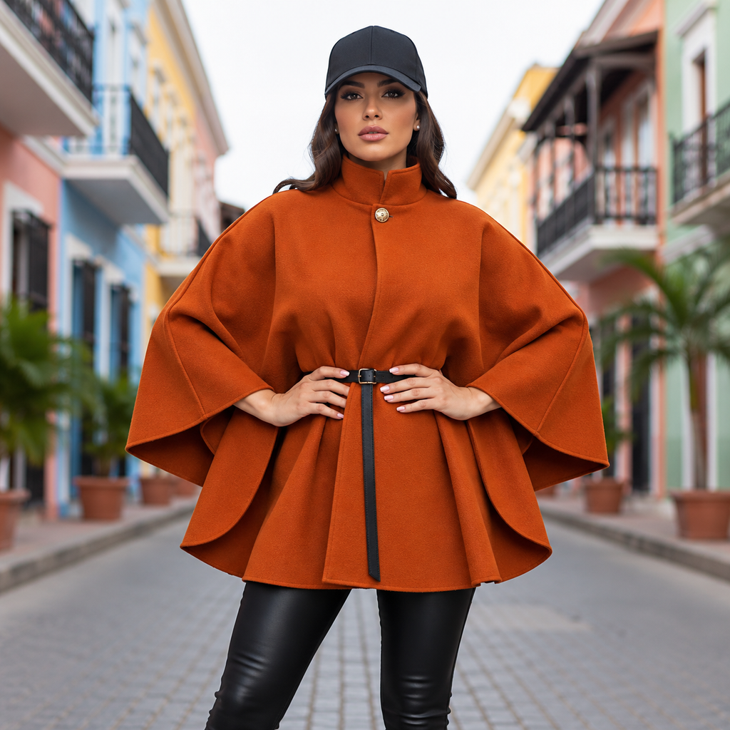 Eleganter Poncho-Mantel mit Stehkragen & Gürtel