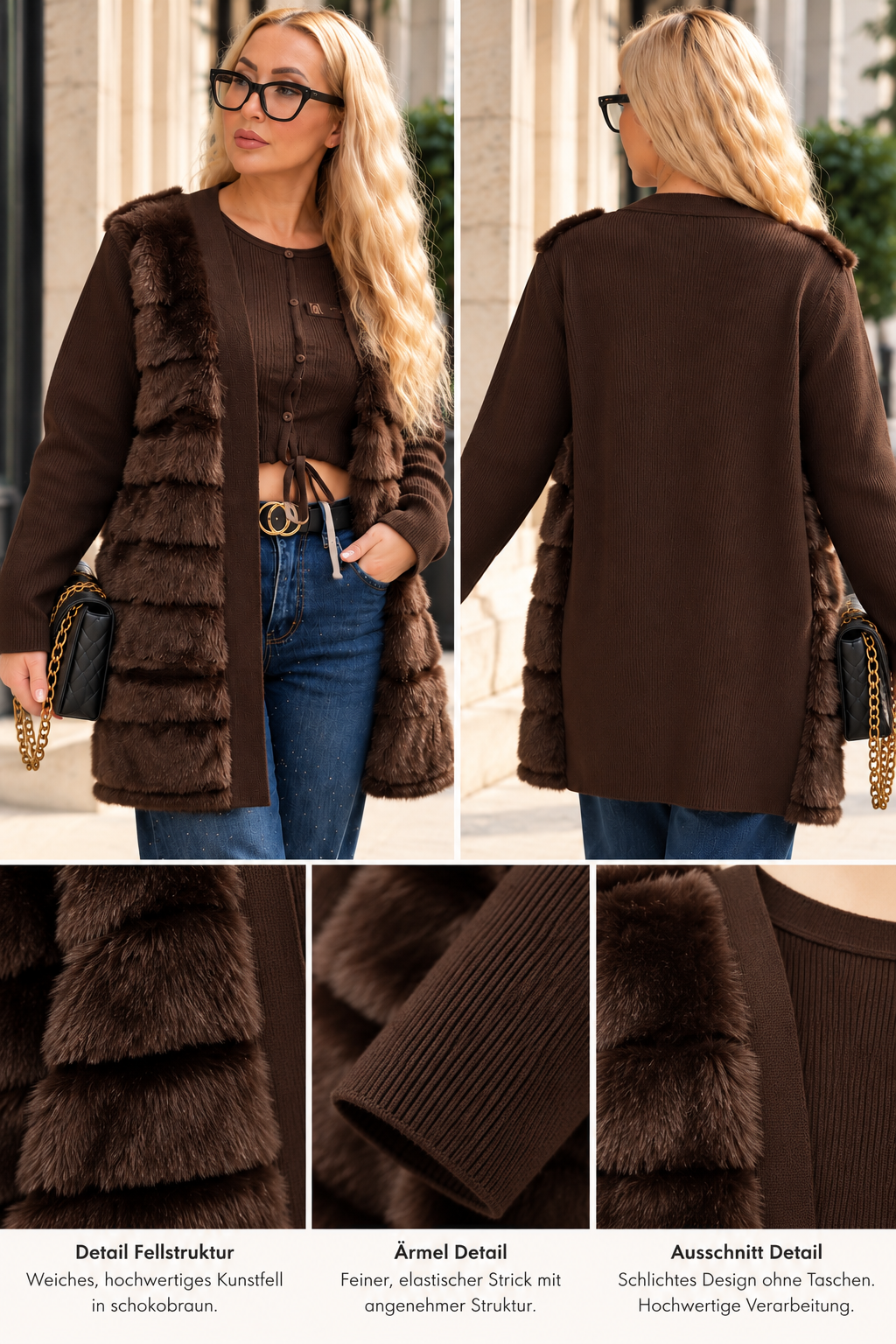 Langer Strickmantel mit Fellimitat in Beige, Braun & Schwarz