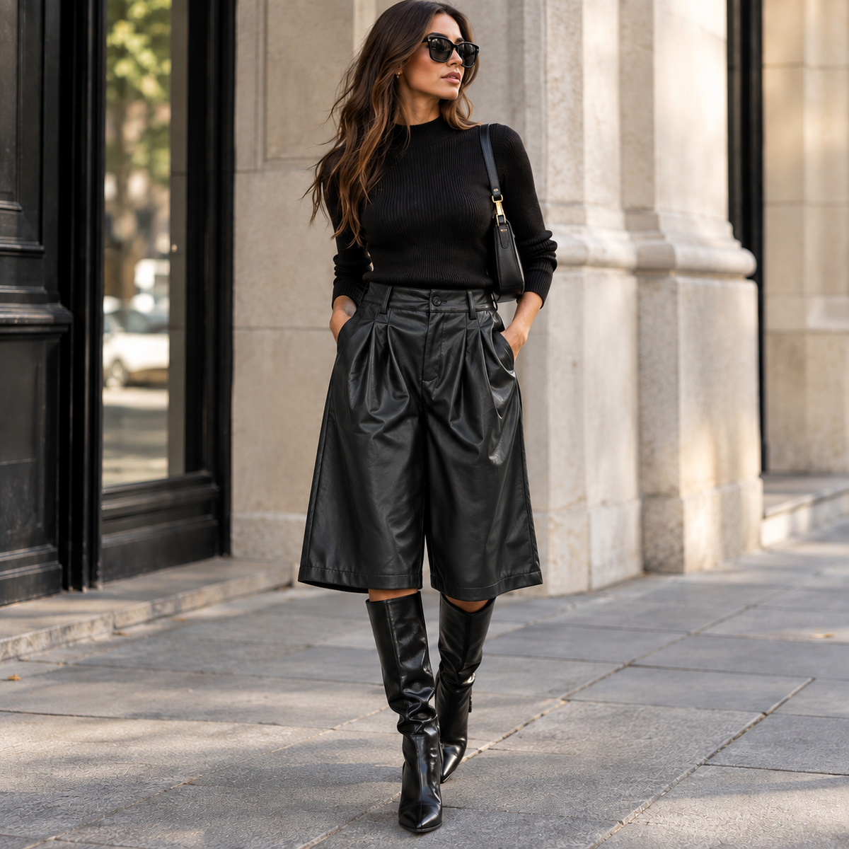 Bermuda Shorts in Lederoptik mit Bundfalten