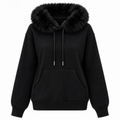Damen Feinstrick-Hoodie mit Fellkragen und Kängurutasche