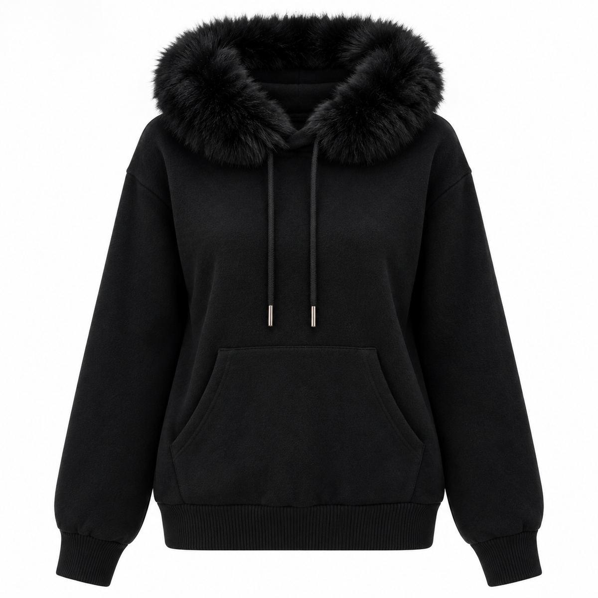 Damen Feinstrick-Hoodie mit Fellkragen und Kängurutasche
