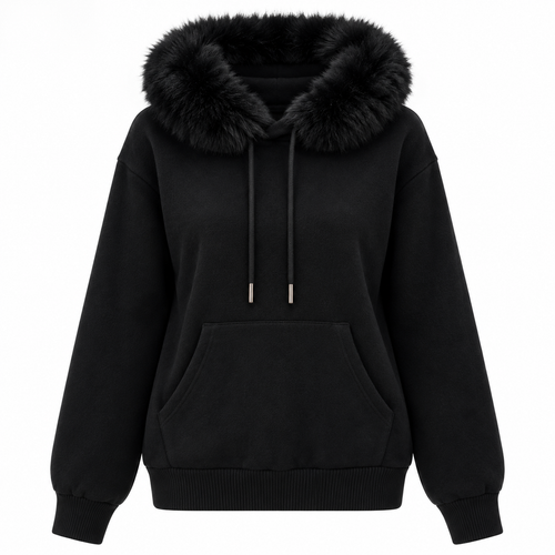 Damen Feinstrick-Hoodie mit Fellkragen und Kängurutasche