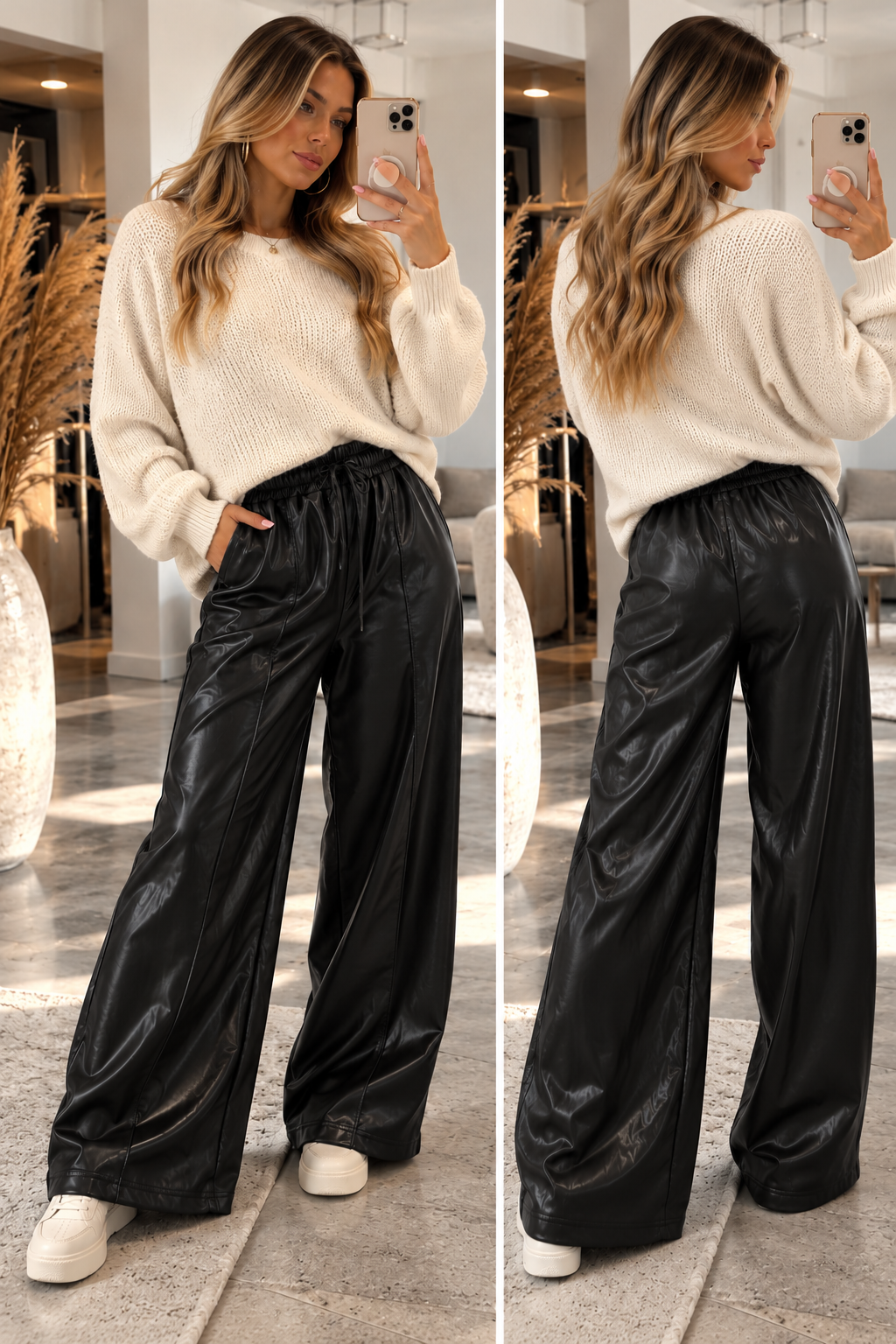 Damenhose Wide Leg aus Kunstleder mit Gummibund