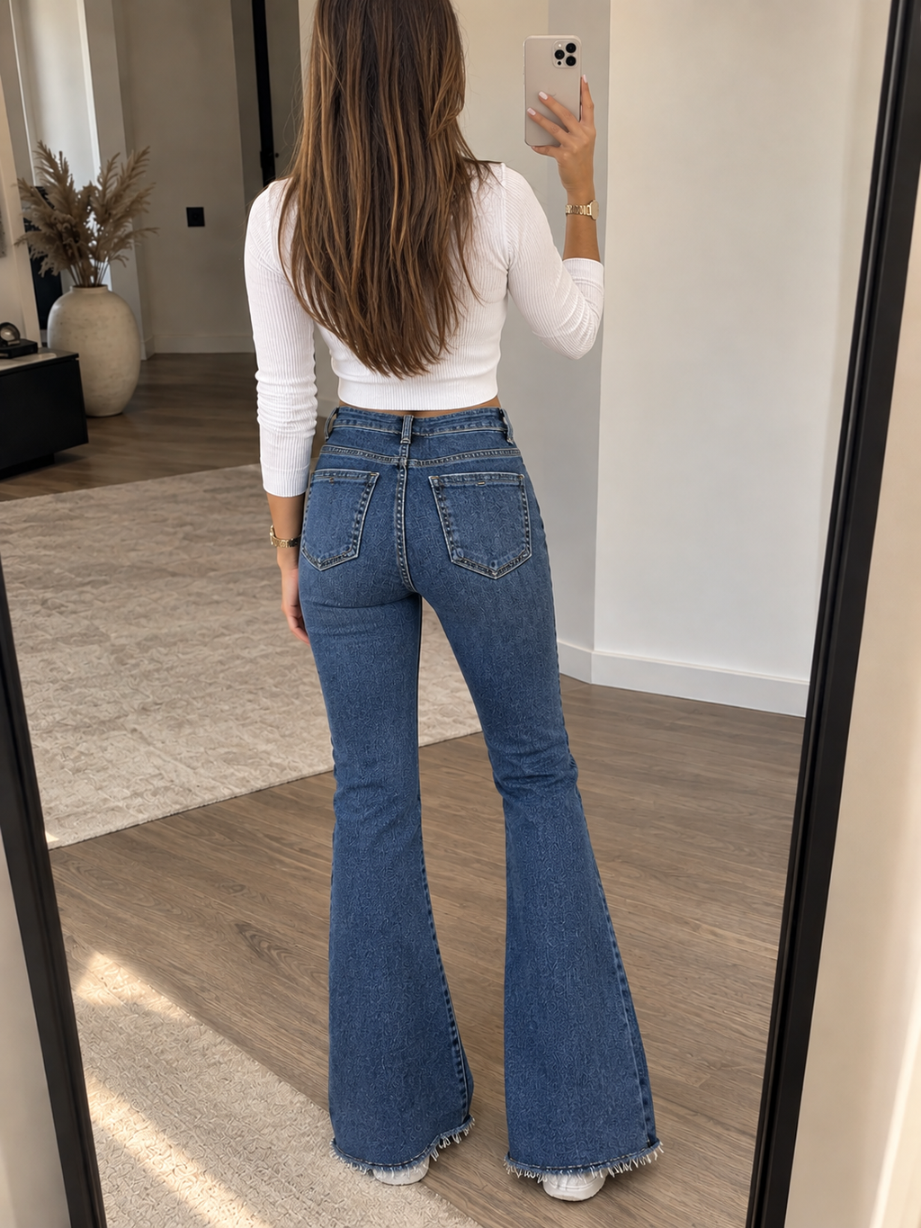 Damen Flare Jeans High Waist – Blue Denim mit Fransensaum