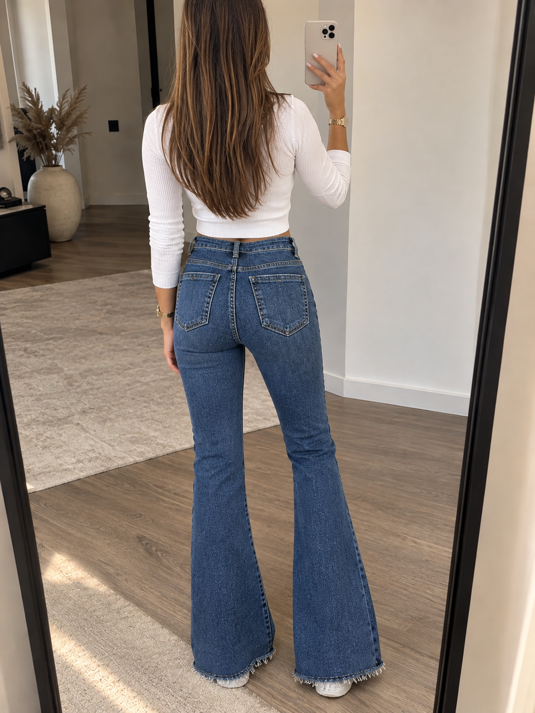 Damen Flare Jeans High Waist – Blue Denim mit Fransensaum