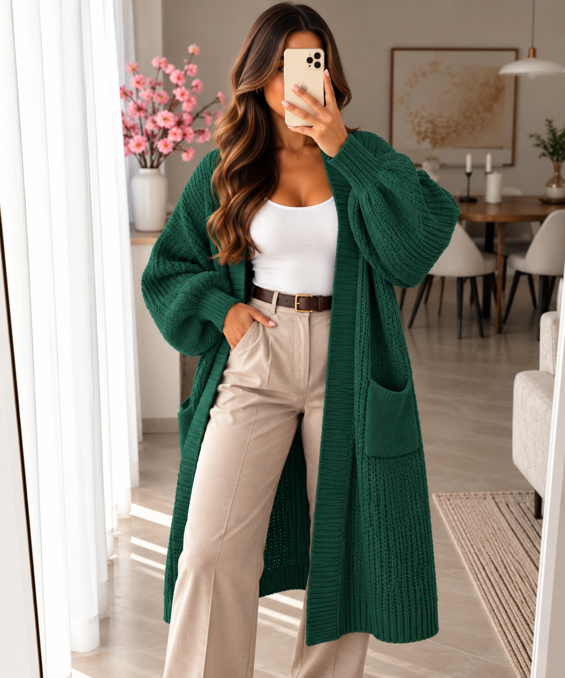 Long Strick-Cardigan mit Ballonärmeln – Made in Italy