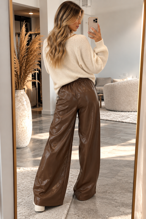 Damenhose Wide Leg aus Kunstleder mit Gummibund – Braun