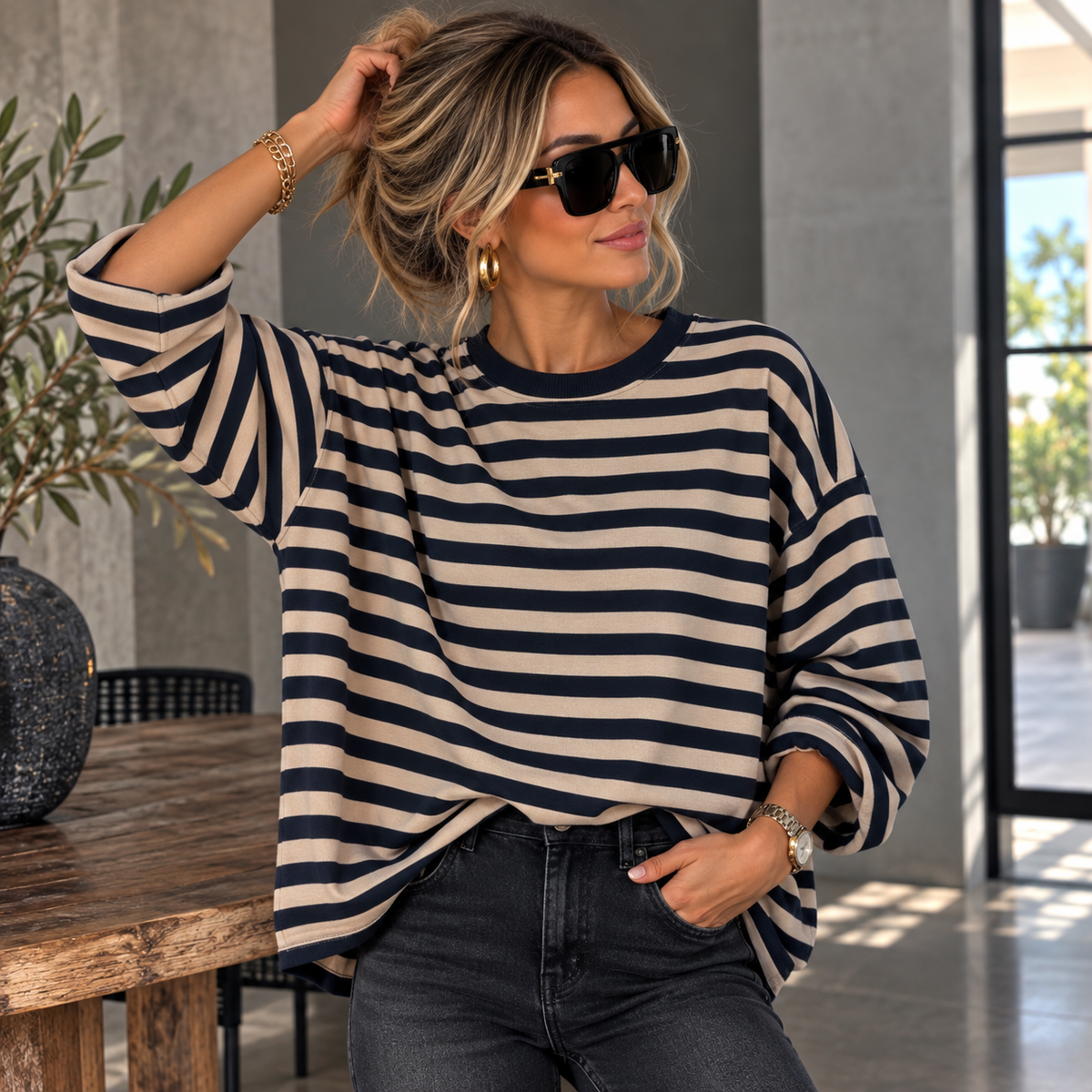 Gestreifter Feinstrickpullover – Oversize