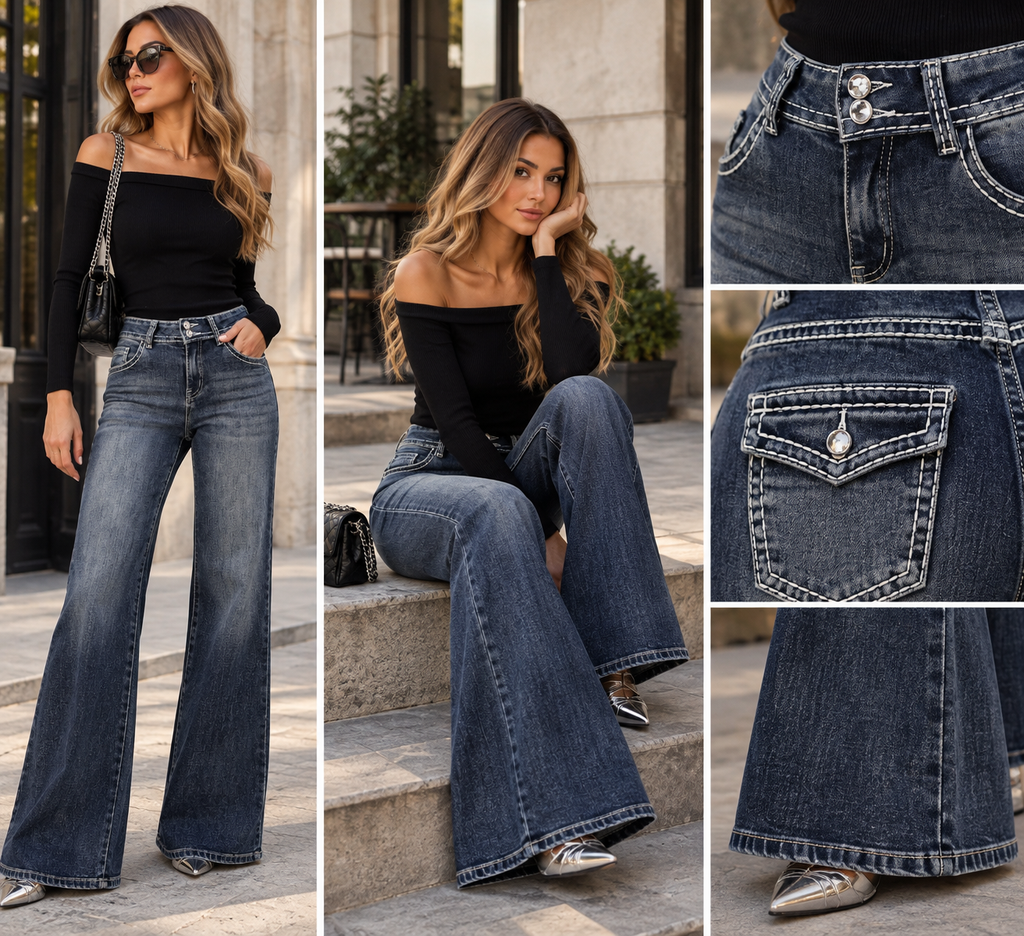 AD’ORO Wide-Flare-Jeans mit Kontraststeppung