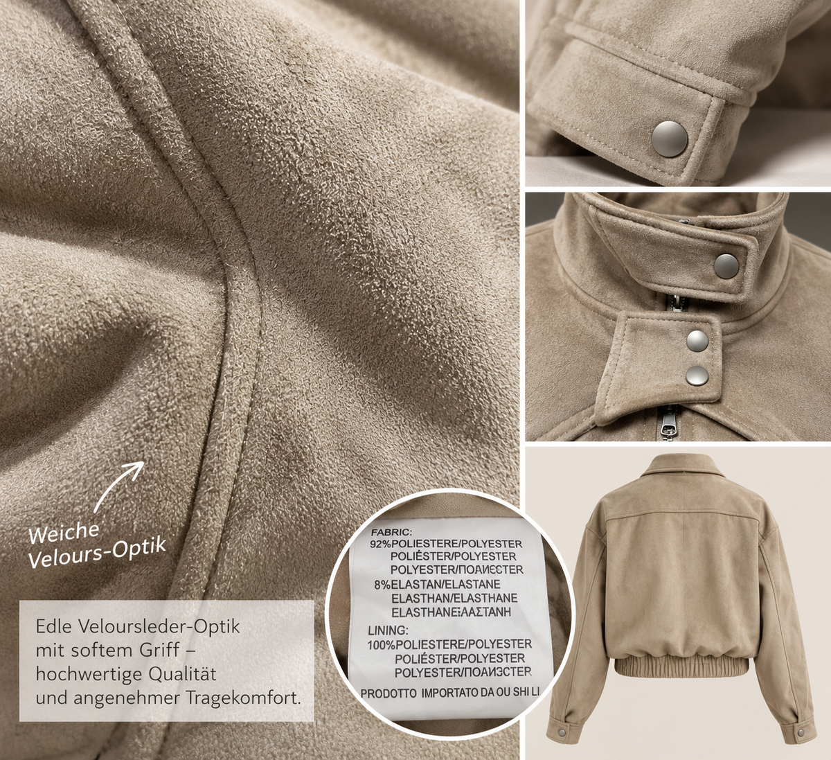 Velours-Optik Bomberjacke mit Zipper – Olive