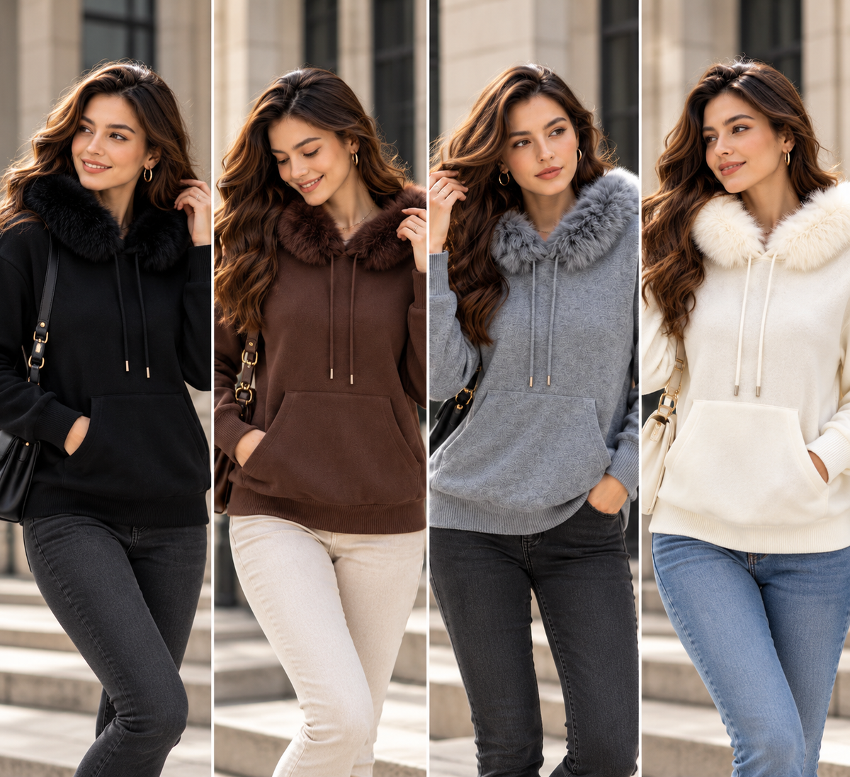 Damen Feinstrick-Hoodie mit Fellkragen und Kängurutasche