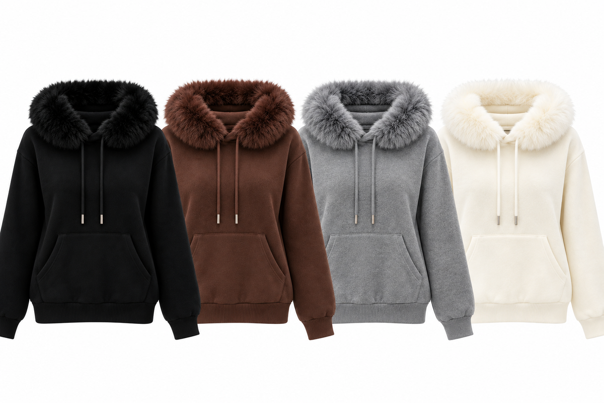 Damen Feinstrick-Hoodie mit Fellkragen und Kängurutasche